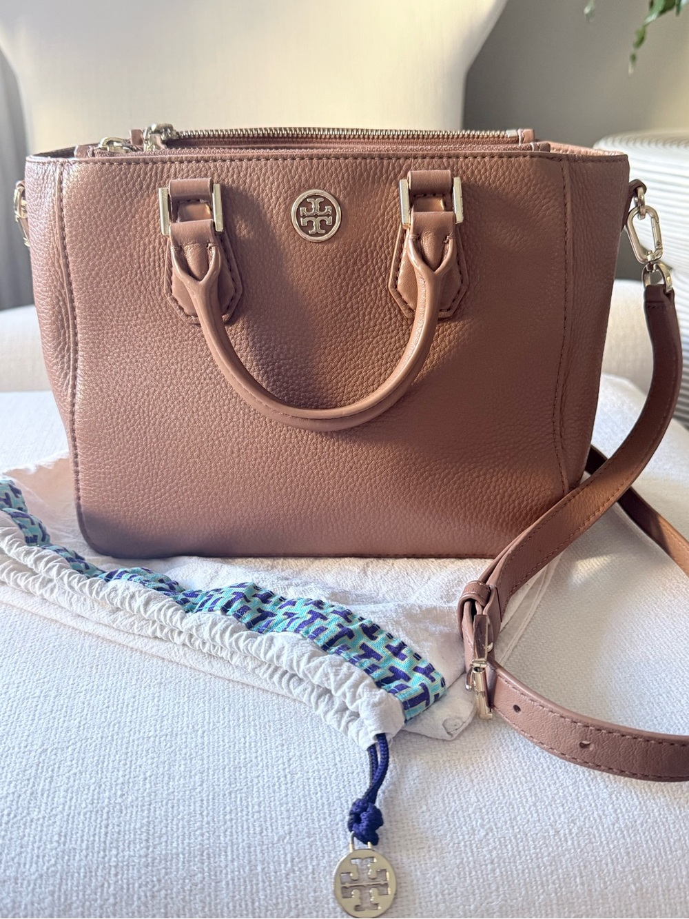 Tory Burch Dusty Rose Pebbled Leather Satchel with Strap